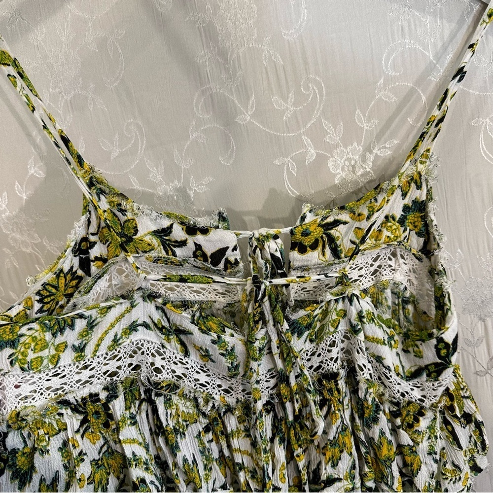 Free People Clemente Yellow Green Babydoll Ruffle Tie Mini Floral Dress SMALL - Picture 9 of 13